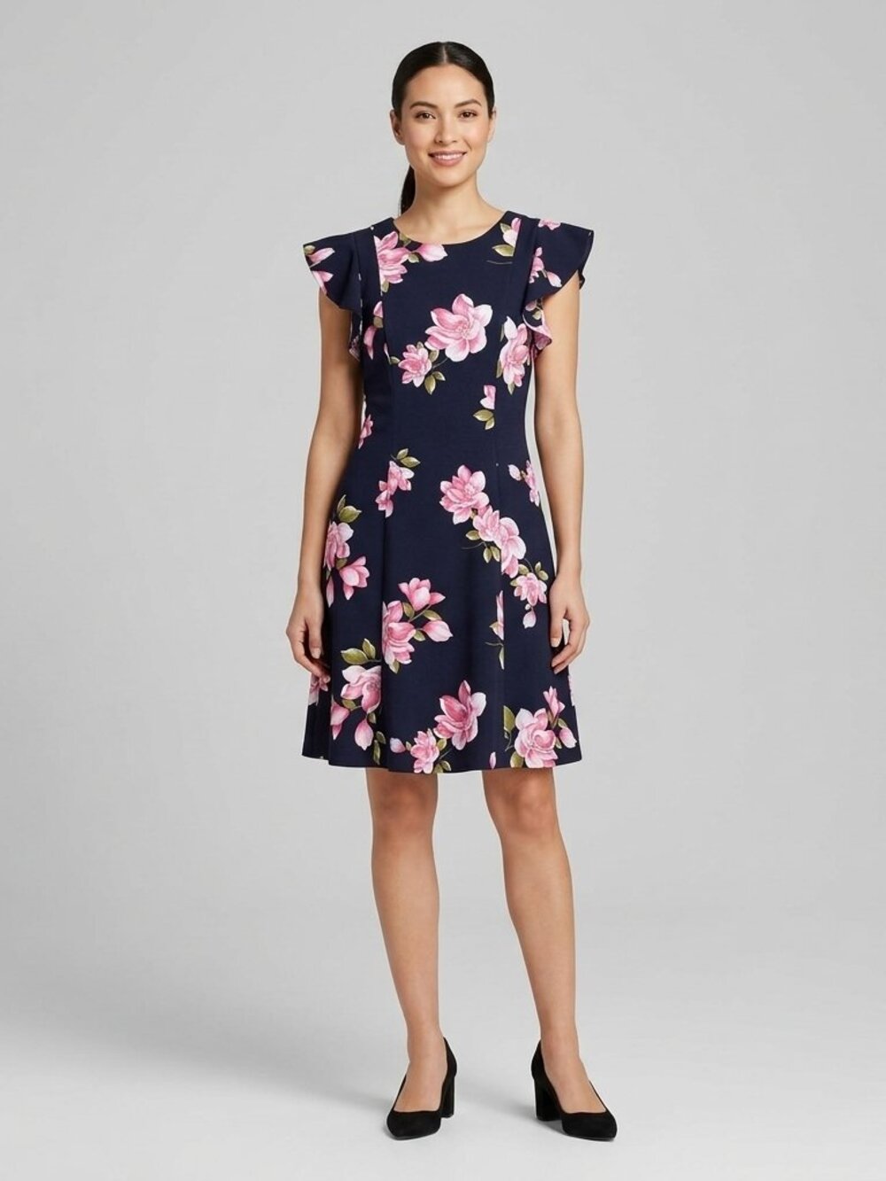 Jessica Howard Navy Blue Pink Floral Flutter Sleeve Fit & Flare Dress Size 4P